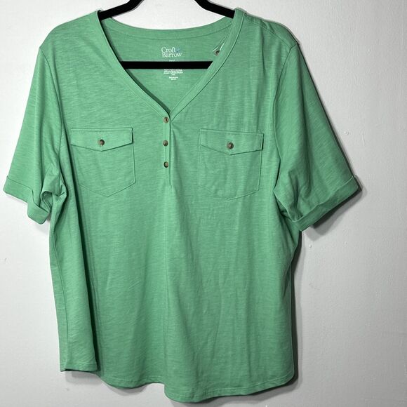 Croft & Barrow Blouse Women’s SZ PXXL Green Roll-Tab V Neck Utility Henley Top - Picture 1 of 8